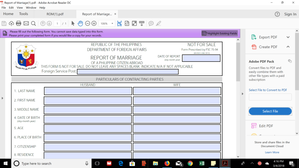 Report Of Marriage Legal Document Philippine Embassy California U S 