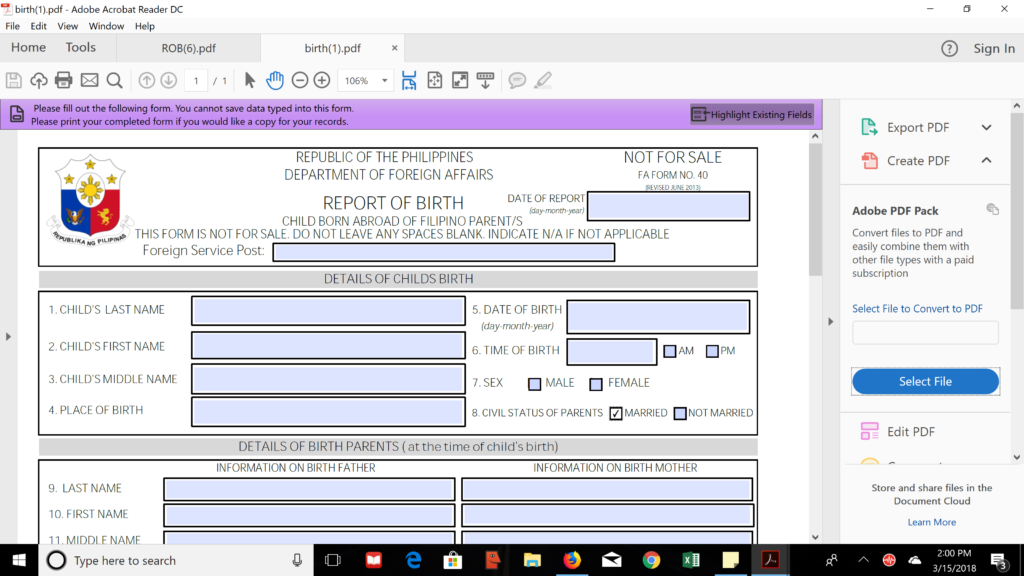 Report of Birth Form