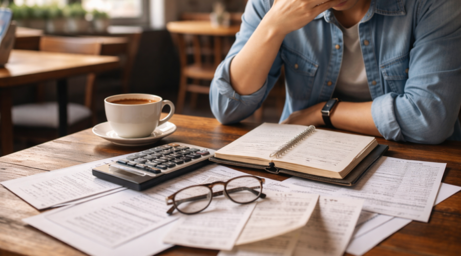 Small business owner reviewing loans and finances at a restaurant table