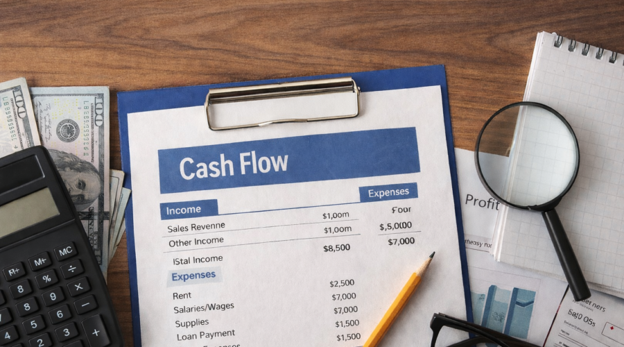 small business cash flow and bookkeeping paperwork on desk