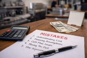 Mistakes to avoid when buying a small business, showing financial documents, cash, and a calculator on a workspace