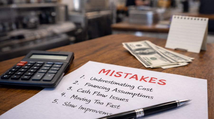 Mistakes to avoid when buying a small business, showing financial documents, cash, and a calculator on a workspace