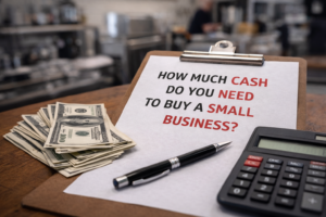 calculator, cash, and financial notes representing how much cash is needed before buying a small business