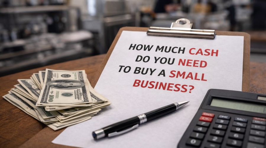 calculator, cash, and financial notes representing how much cash is needed before buying a small business