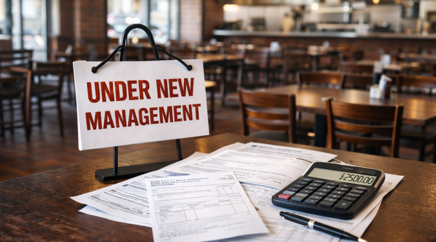 Small restaurant interior showing financial paperwork and equipment representing buying a business versus starting from scratch.