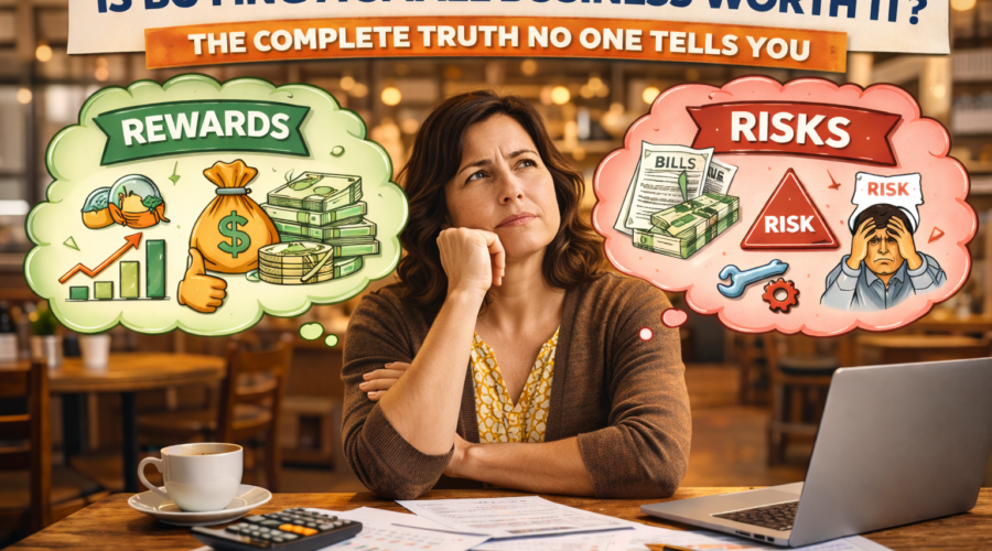 Woman considering the risks and rewards of buying a small business, with financial documents and thought bubbles showing profit and debt.