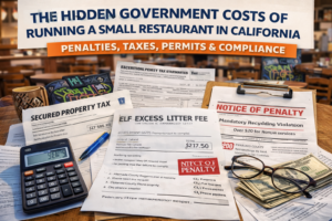 Financial documents including property tax bill, excess litter fee notice, recycling penalty, and health inspection invoice on a restaurant table