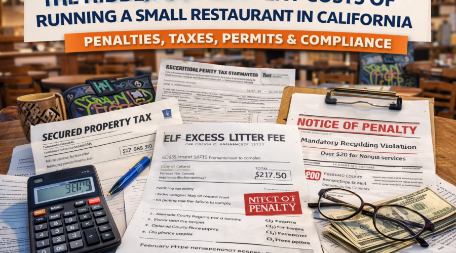 Financial documents including property tax bill, excess litter fee notice, recycling penalty, and health inspection invoice on a restaurant table