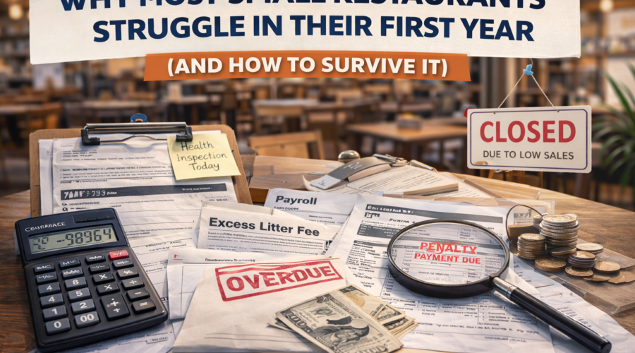 Small restaurant owner reviewing bills and expenses late at night in empty dining room