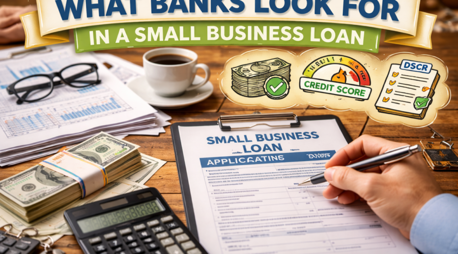 Small business owner reviewing loan application documents with calculator, cash, and financial paperwork on desk